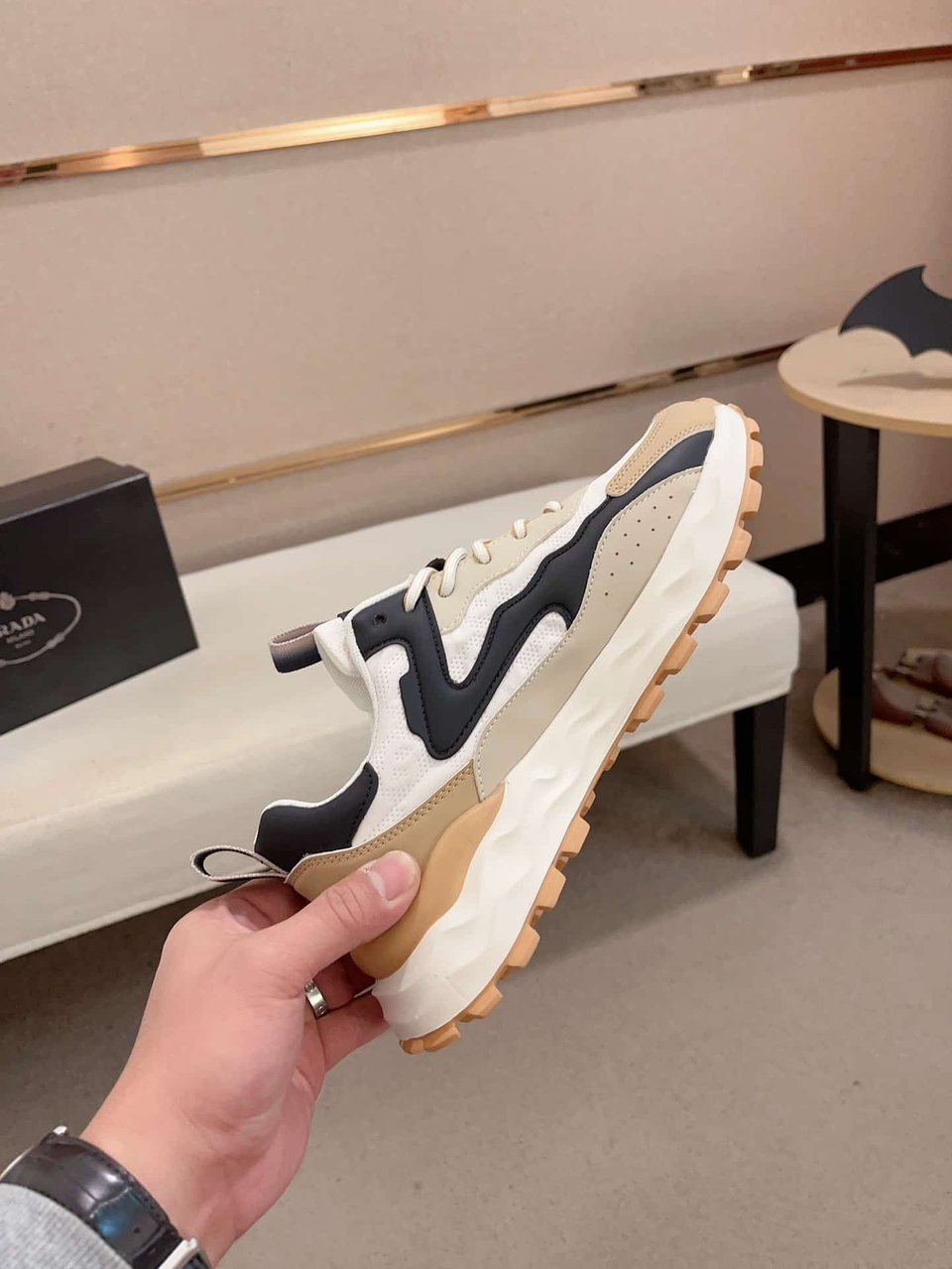 Prada Colorblock Sneakers With Logo Beige view 5