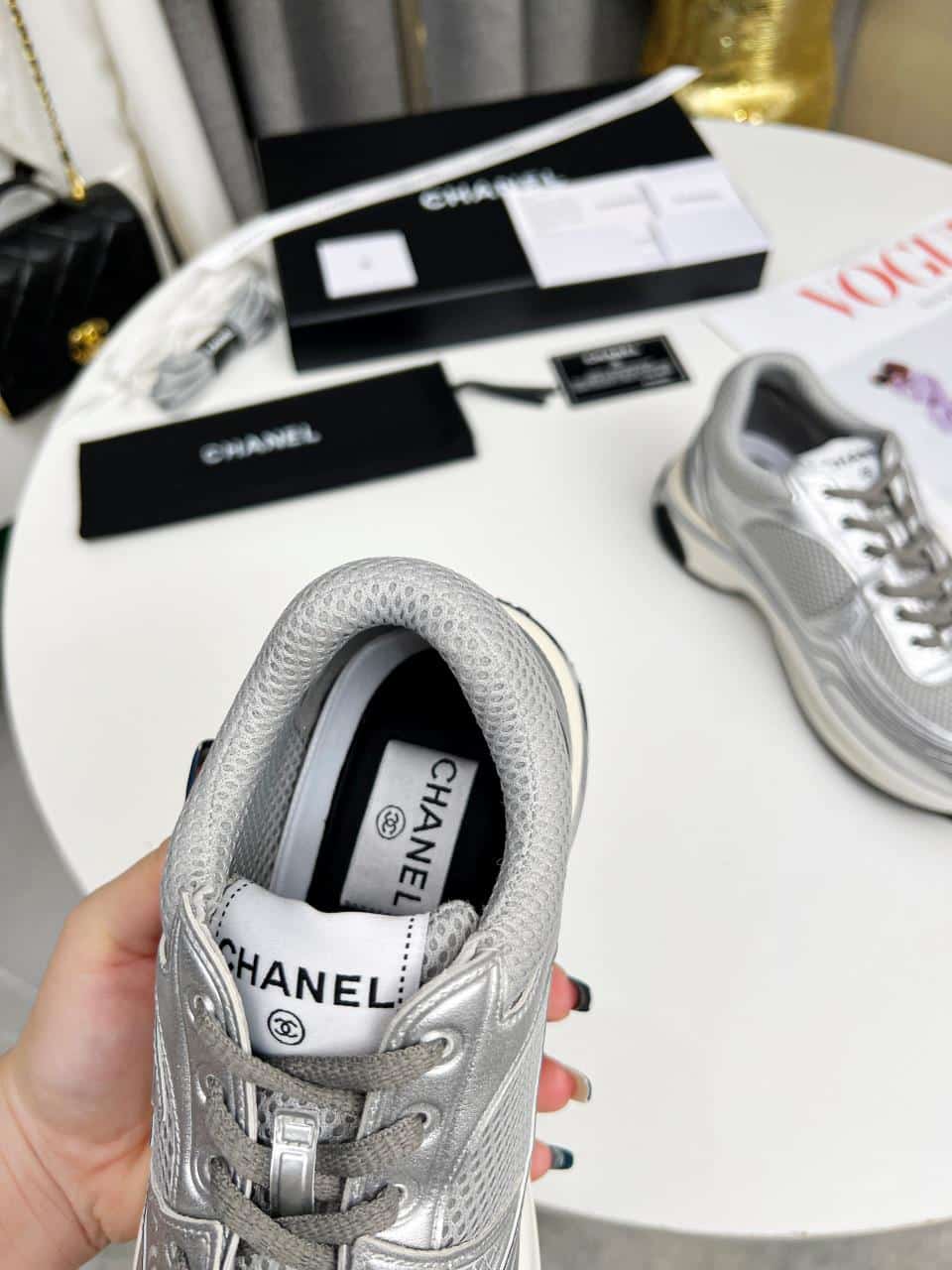 Chanel 23C Silver Metallic Cc Logo Lace Up Flat Runner Trainer Sneaker Gray view 4