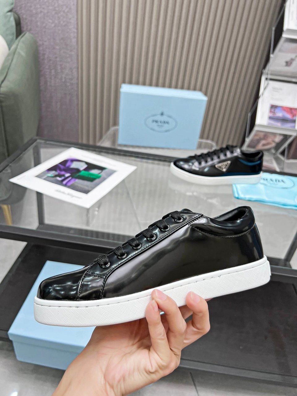 Prada Logo Sneakers In Brushed Leather Black view 7