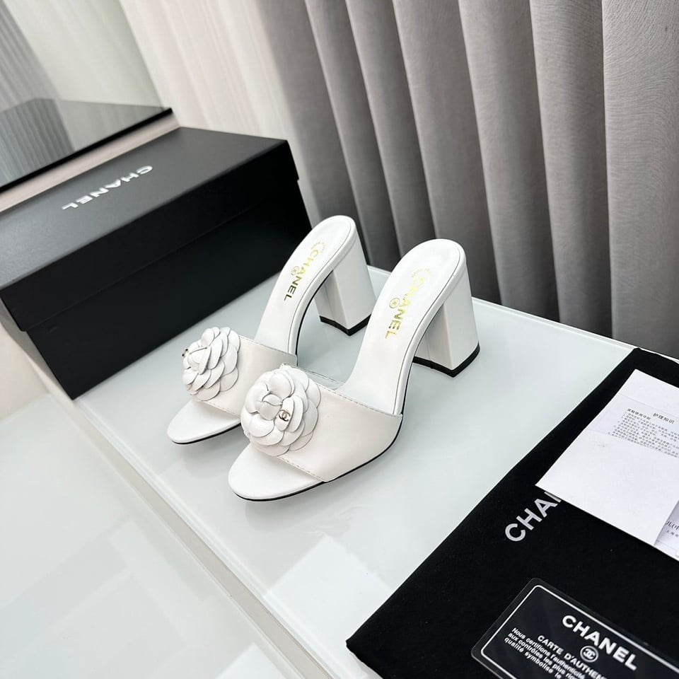 Chanel Camellia Medium Heel Slippers White view 3