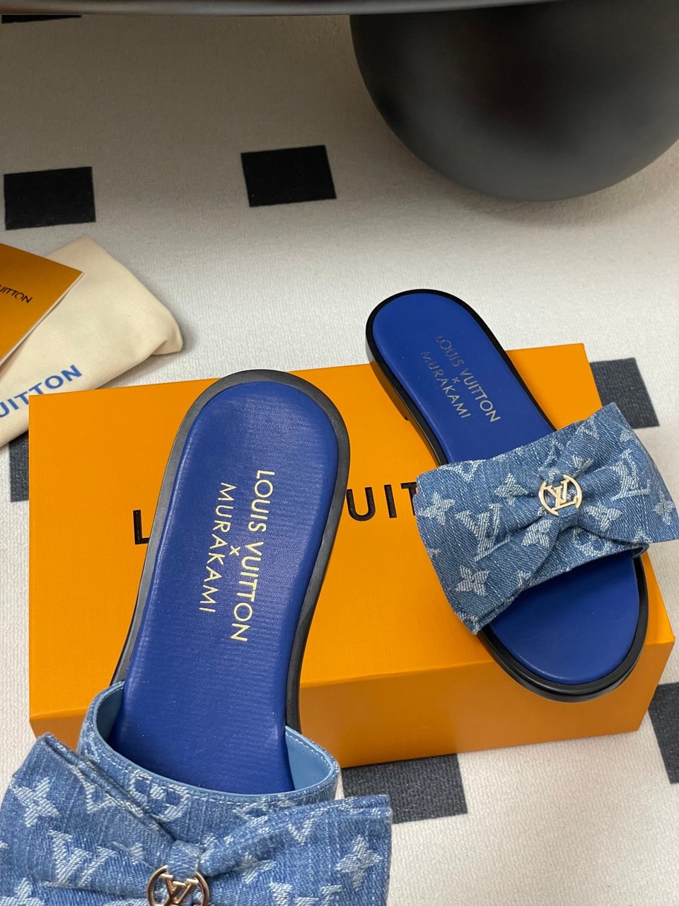Louis Vuitton x Takashi Murakami Lily Flat Mule Bow Slide Sandals Blue Canvas 1AGVYA view 8