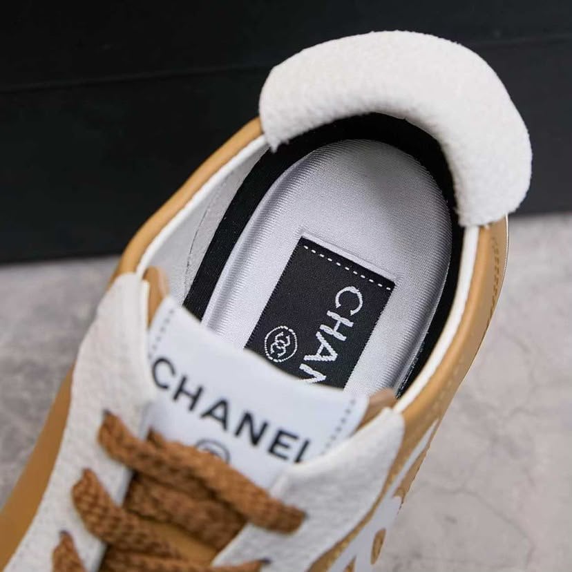 Chanel Calfskin Suede Sneakers with White CC Logo Beige Camel White &amp; Gum G39860 view 5