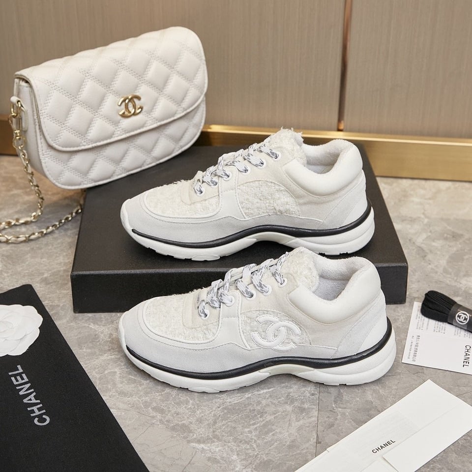 Chanel Velour Tweed Cc Sneakers White view 6