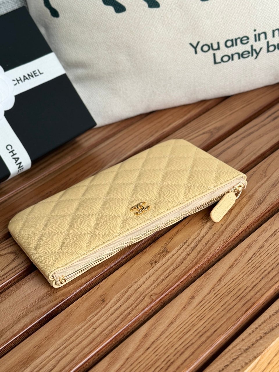 Chanel Zipped Wallet 20Cm Light Yellow Quilted Caviar Gold Hardware view 5