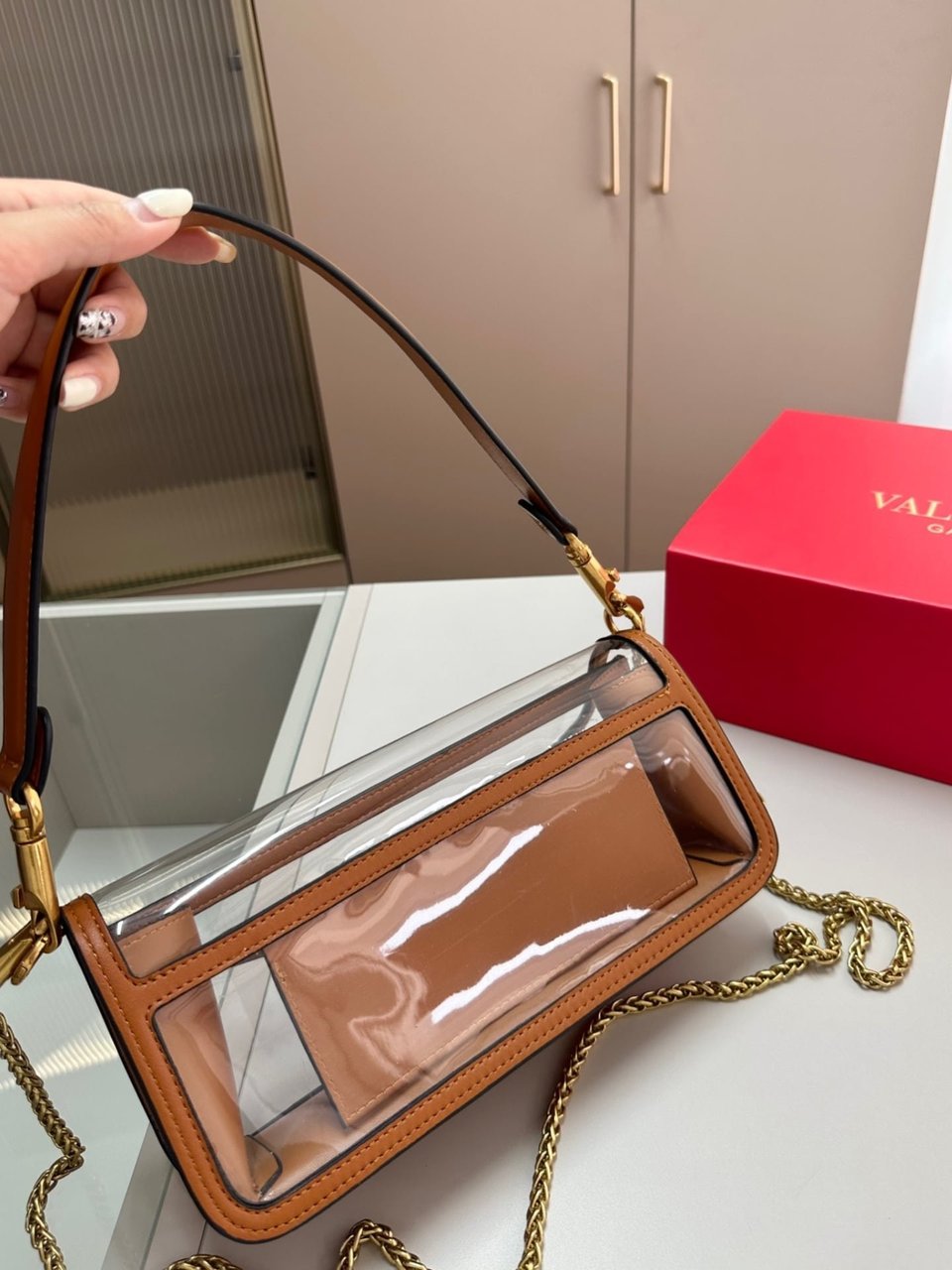 Valentino Garavani Locò Pvc And Leather Shoulder Bag Brown 24Cm view 8