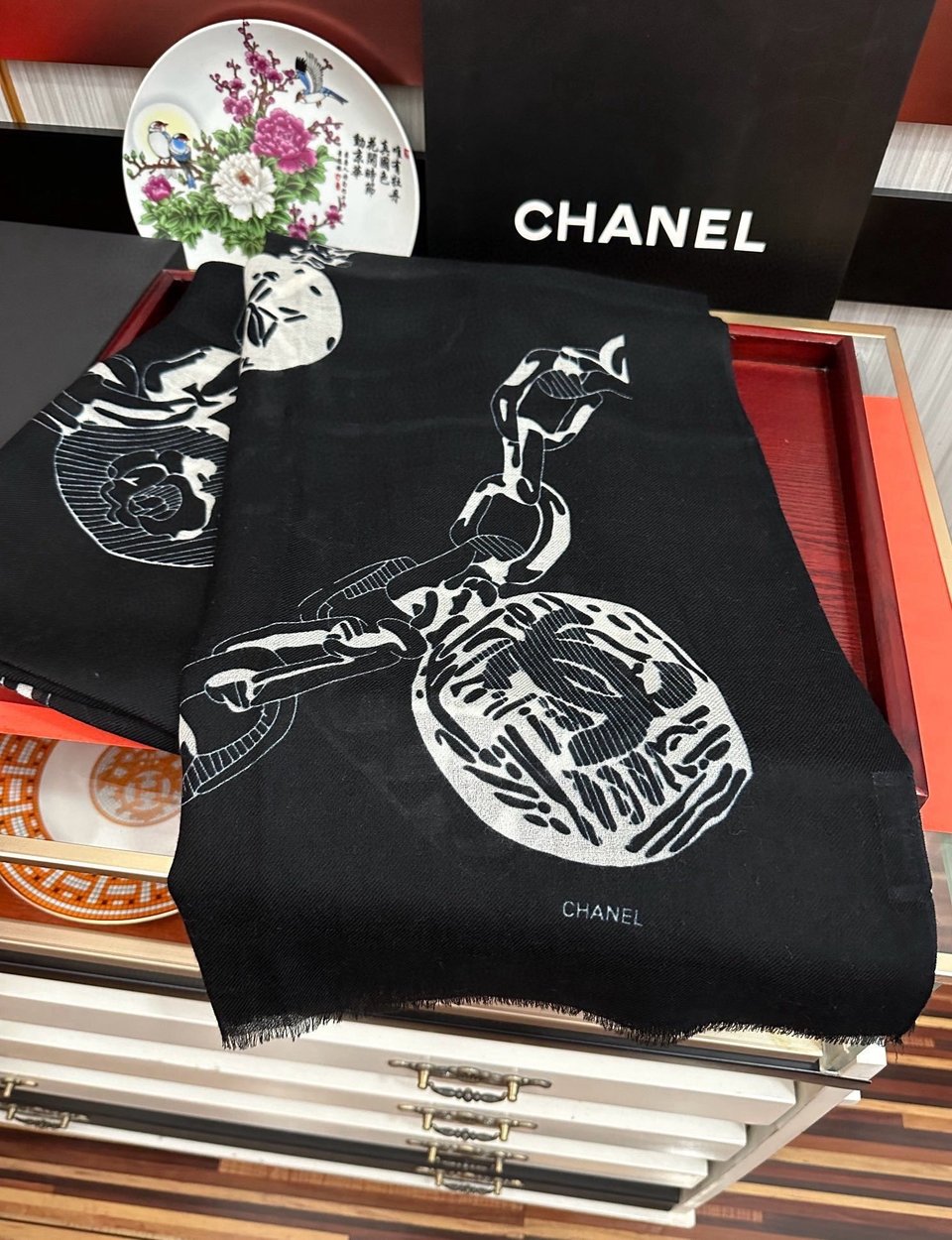 Chanel Silk Shawl Charm Chain Motif Black For Women 200cm view 4