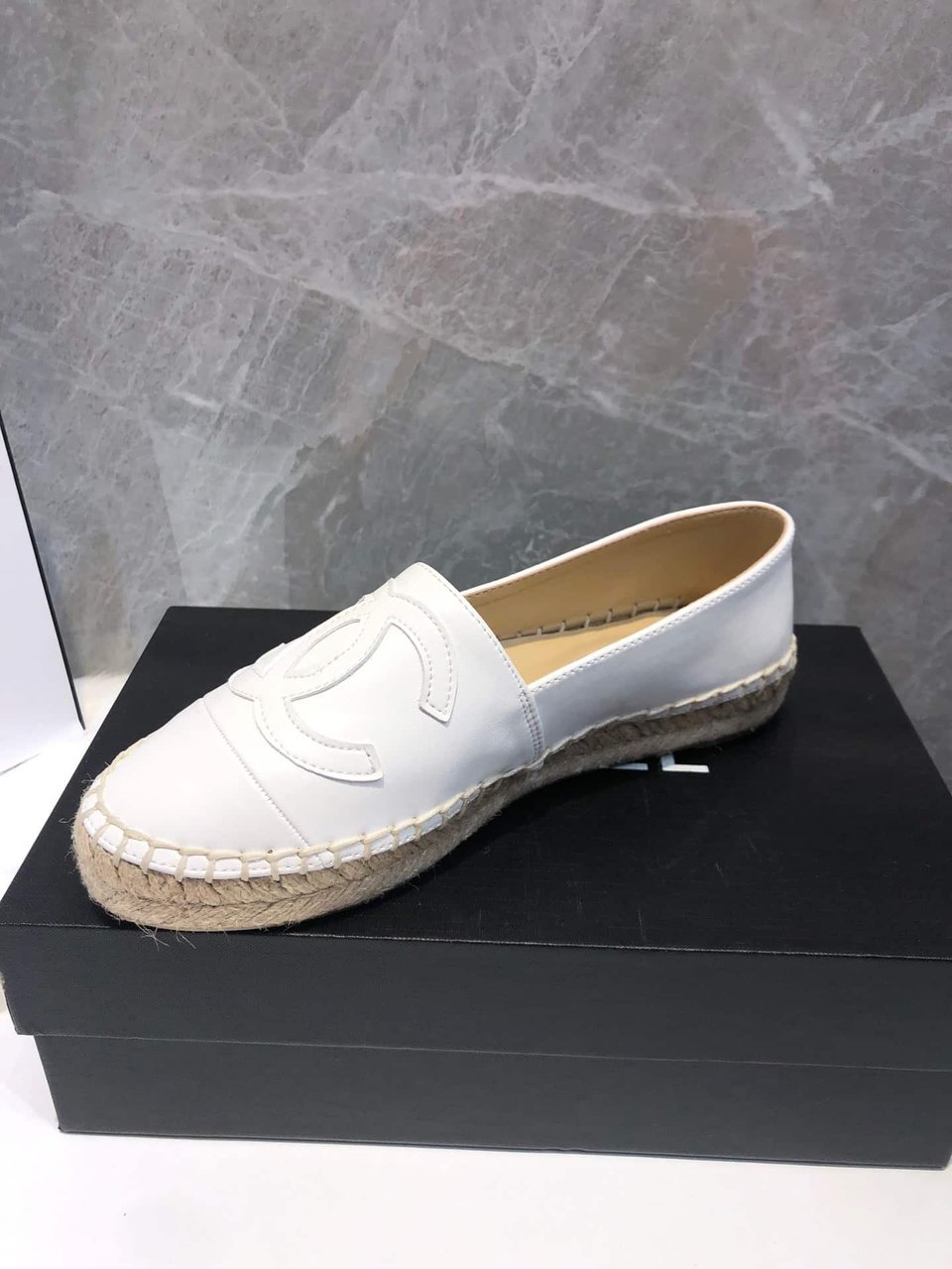 Chanel Embroidered Espadrille Leather Cap Toe Flats White view 7