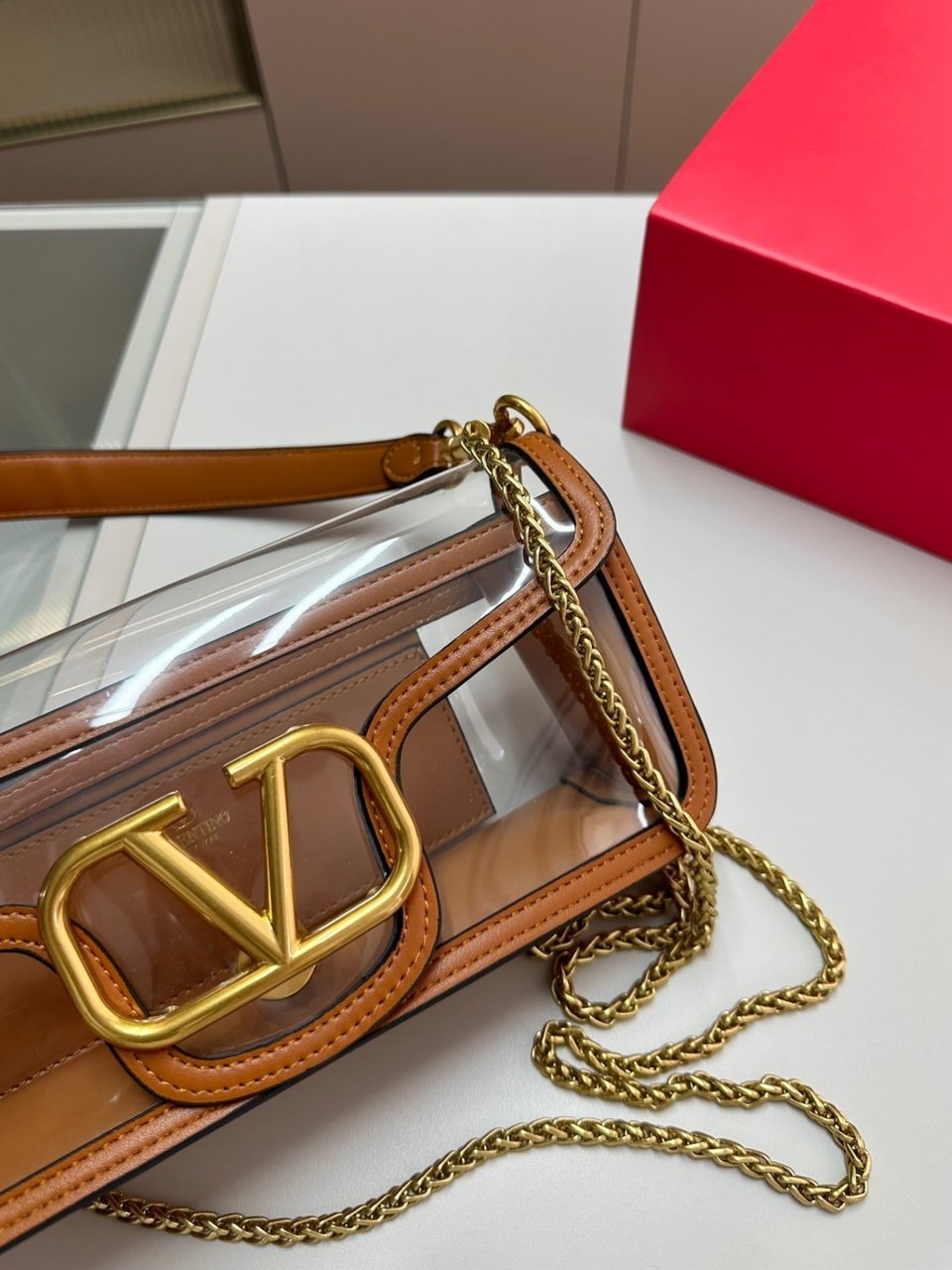 Valentino Garavani Locò Pvc And Leather Shoulder Bag Brown 24Cm view 5