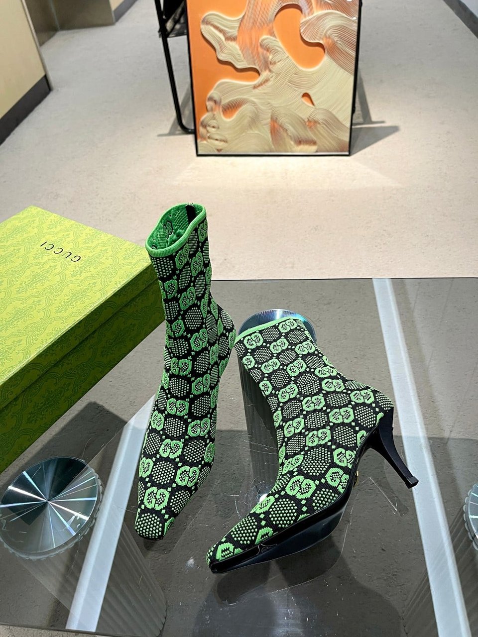 Gucci Gg 75Mm Knit Ankle Boots Black Fluorescent Green Fabric718378 Faaqp 1004 view 5