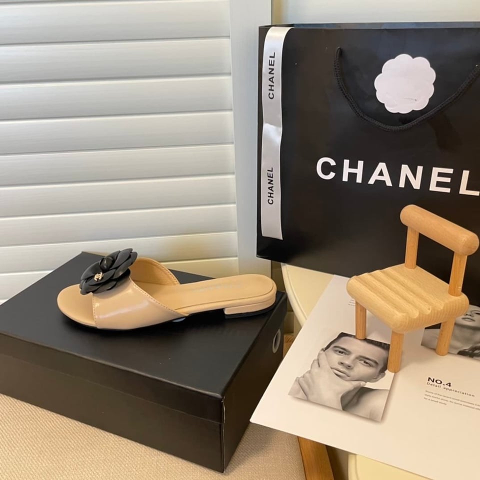 Chanel Black Camellia Slides Beige view 9