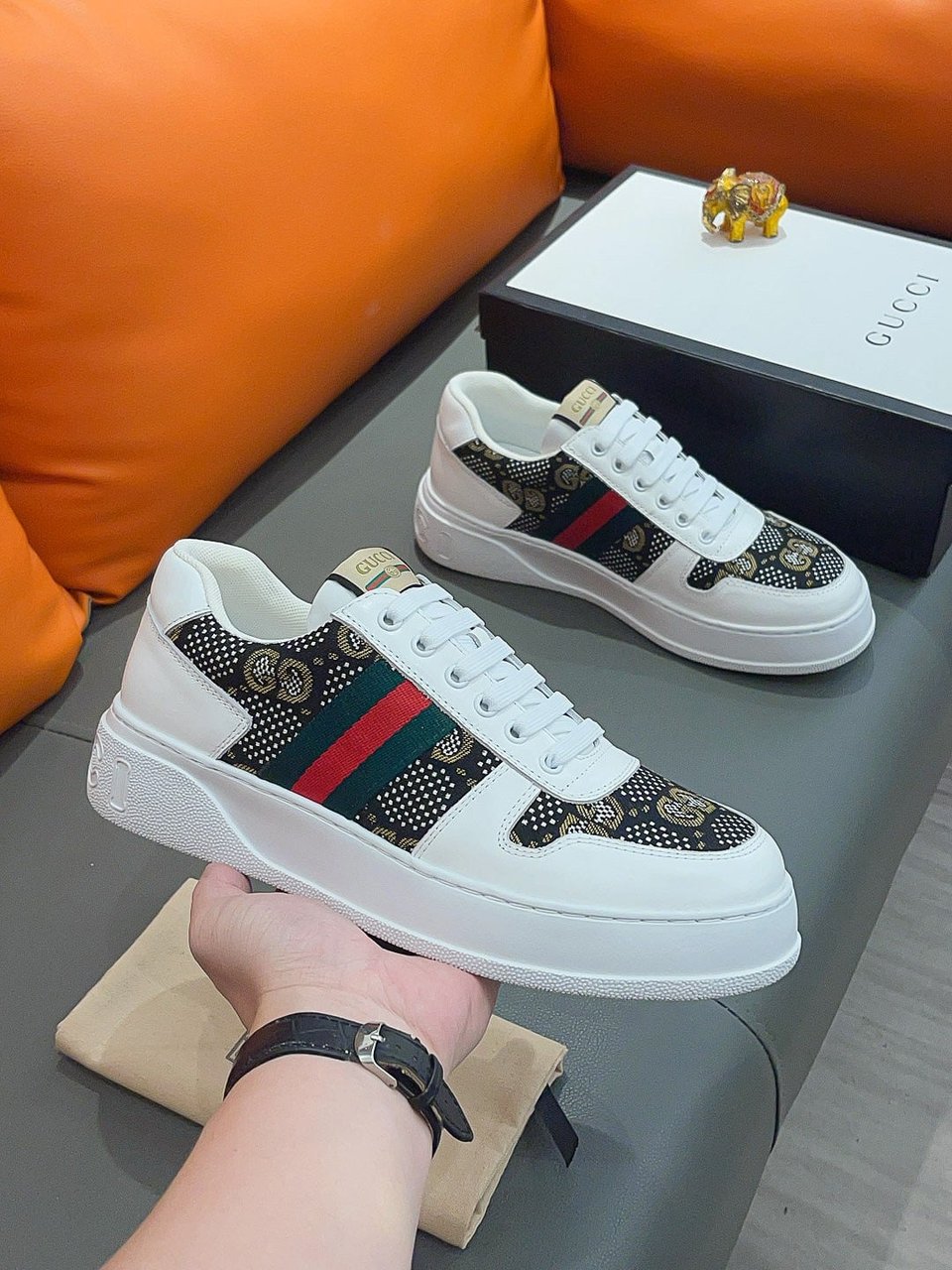 Gucci Screener Gg High Top Sneaker In White And Black view 4
