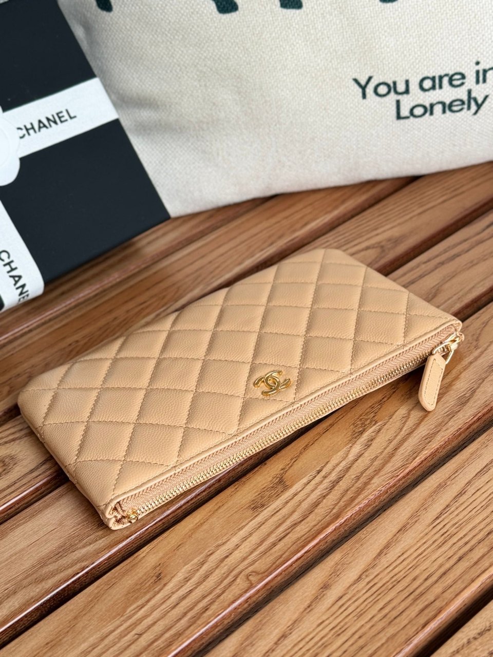 Chanel Zipped Wallet 20Cm Dark Beige Quilted Caviar Gold Hardware view 7