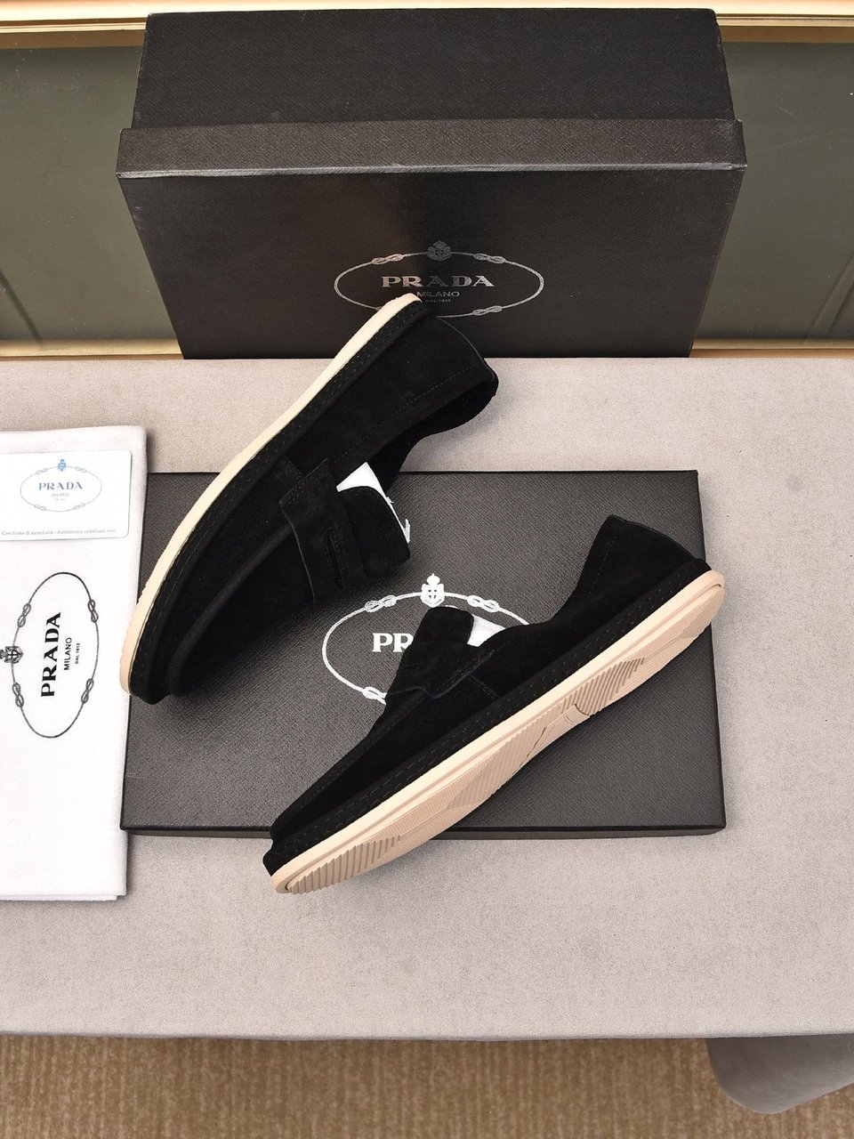 Prada Men’S Flat Loafers Suede Leather Black view 6