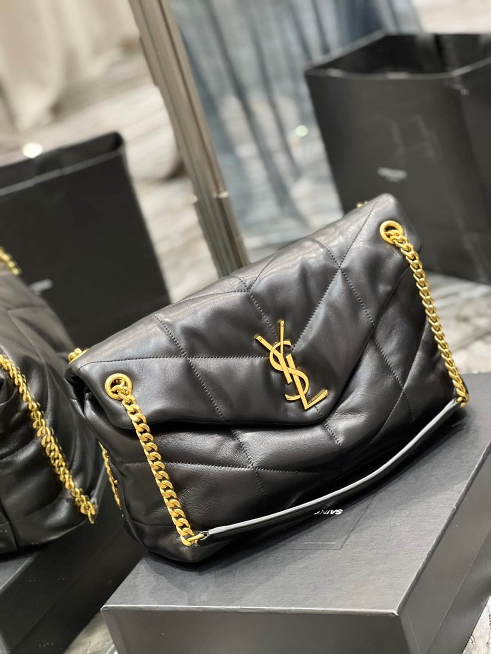 Saint Laurent Puffer Medium Chain Bag In Quilted Gold Toned Metal view 6