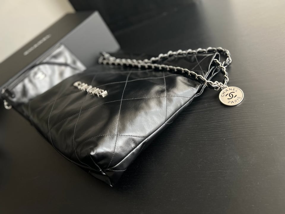 Chanel Hobo Bag 22 Black Lambskin Silver Hardware view 6