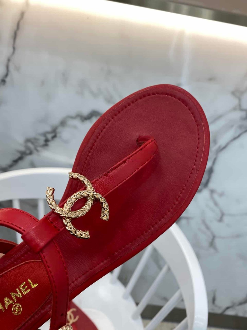 Chanel Gold Cc Logo Thong Sandals Wine Red view 6