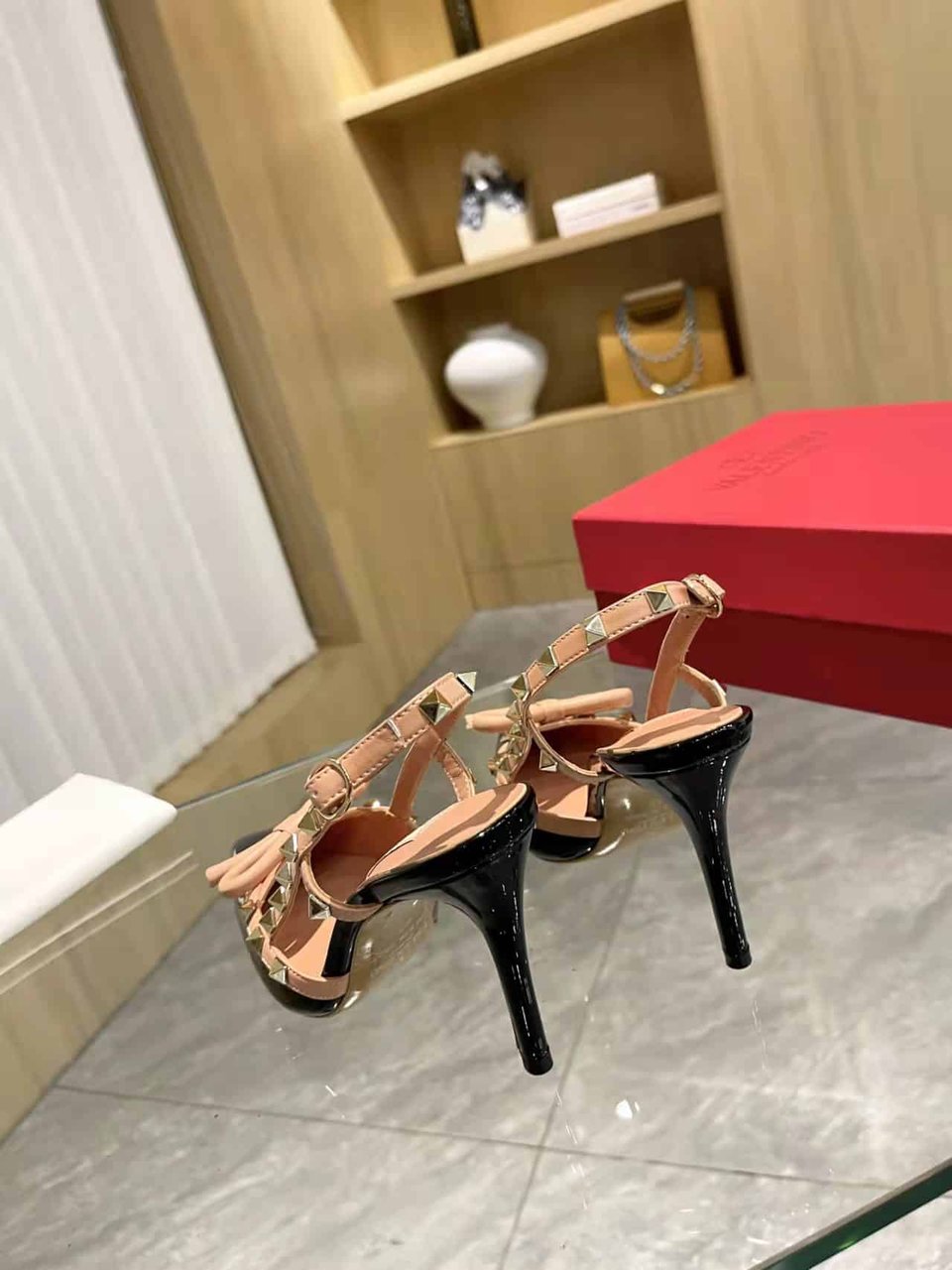 Valentino Rockstud Bow 100 Patent Slingback Pump Black Pink view 10