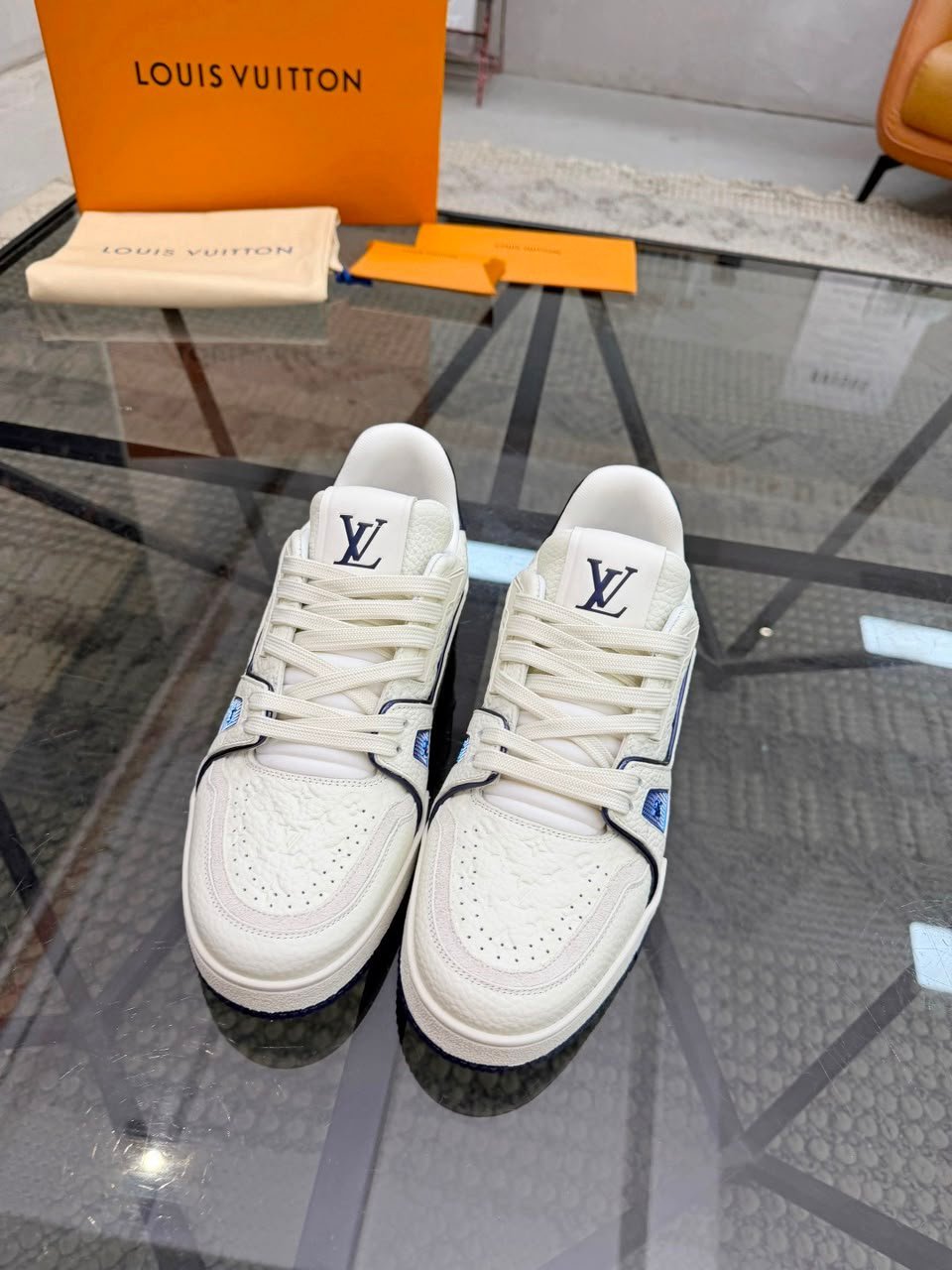Louis Vuitton Trainer Sneaker Navy Blue Monogram-debossed Grained Calf Leather 1AKCLX view 3