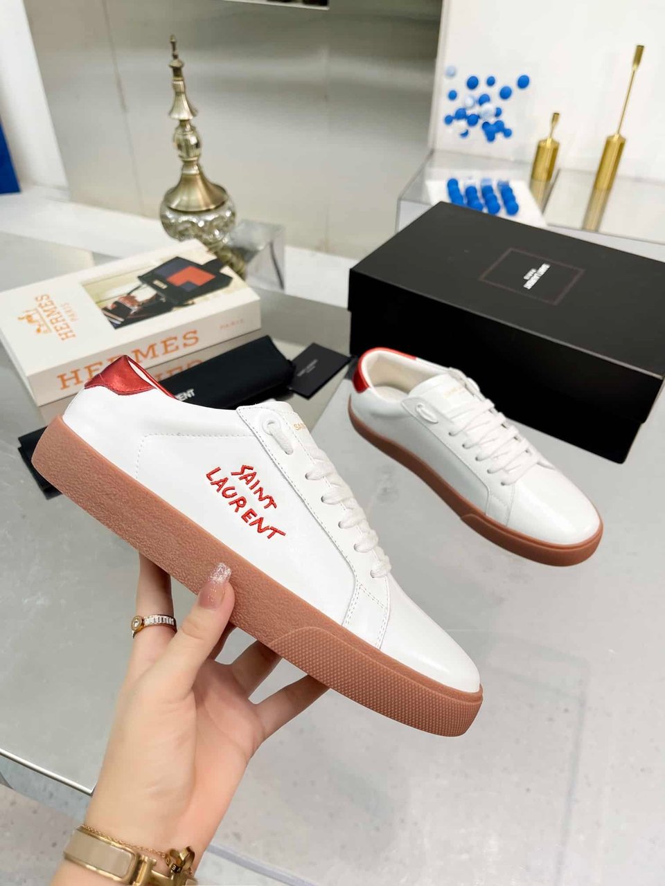 Saint Laurent Court Classic Embroidered Sneakers White And Red view 9