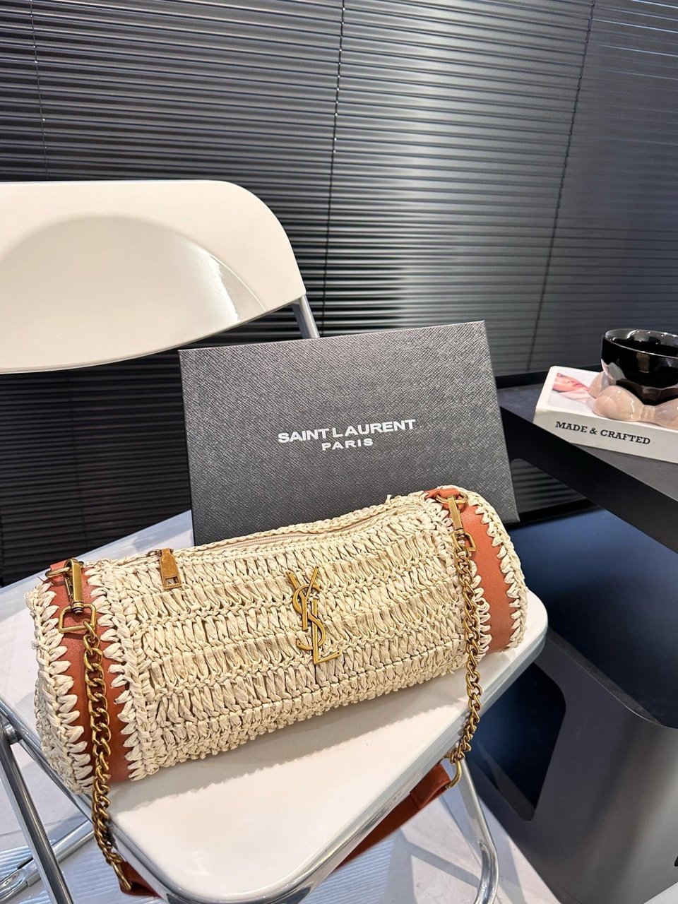 Saint Laurent Sade Raffia Tube Bag In Natural 33Cm view 8