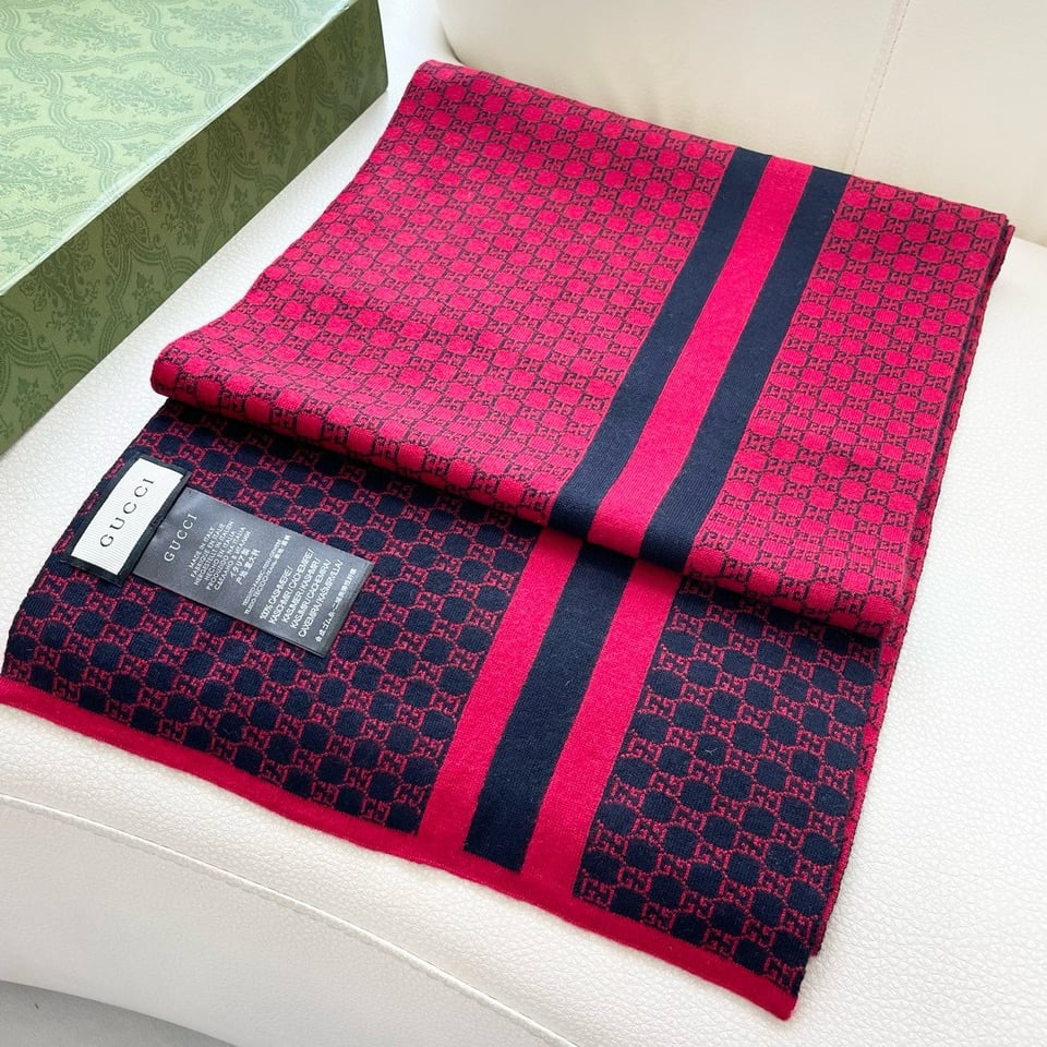 Gucci Cashmere Scarf Pattern Red Navy For Women 180cm view 6