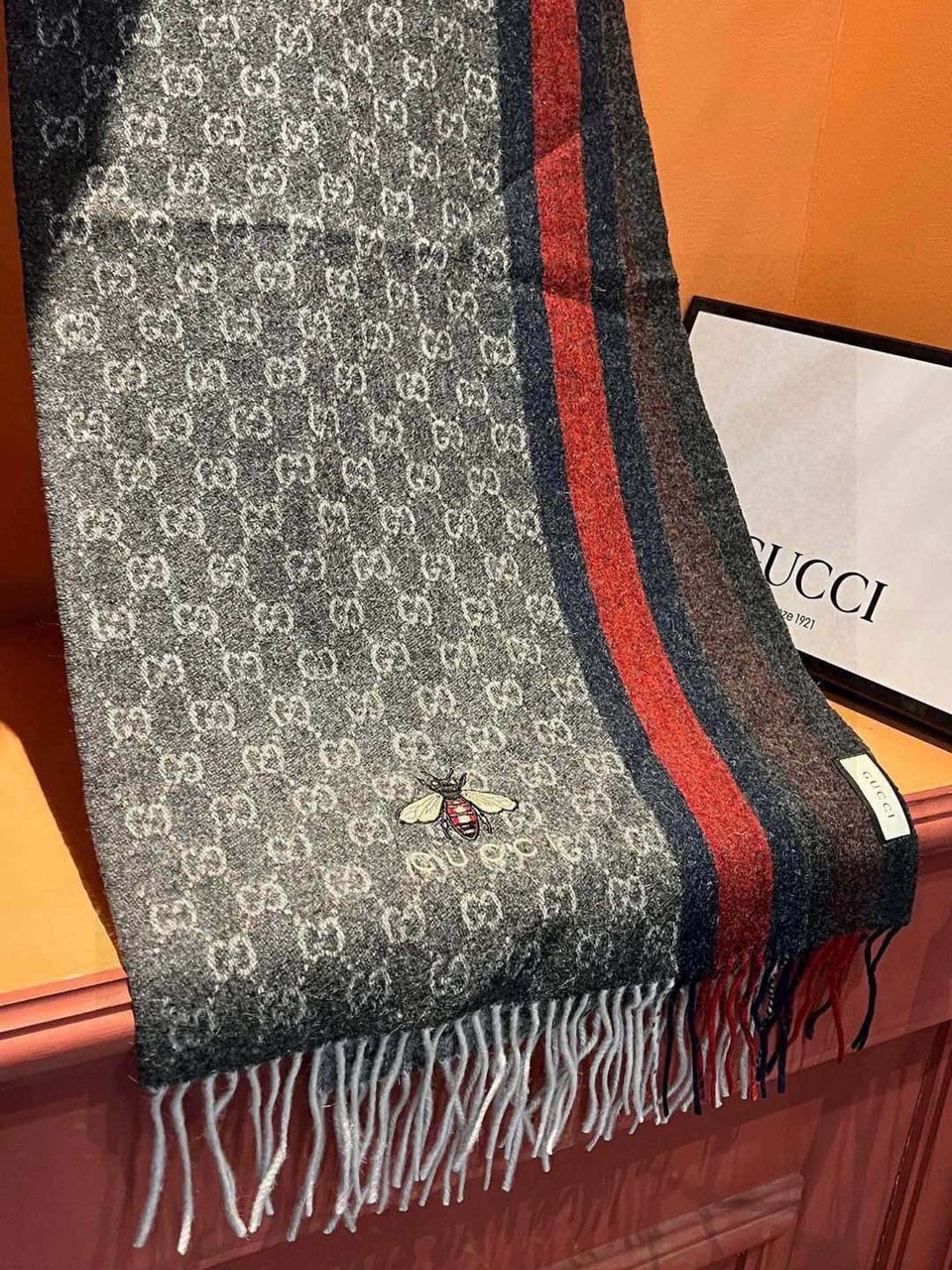 Gucci Cashmere Scarf Stripe Gray Red For Women 190cm view 5