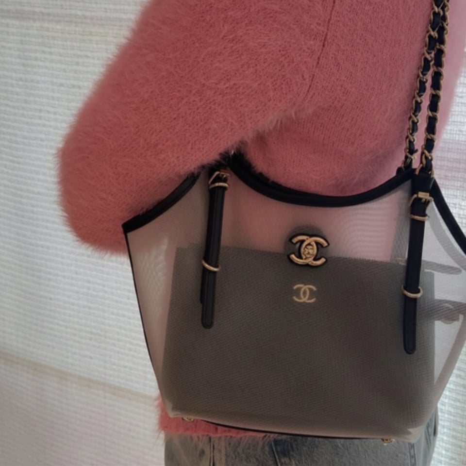 Chanel Small Tote Mesh, Calfskin &amp; Gold-Tone Metal Transparent &amp; Black 28cm/11in AS6015 view 2