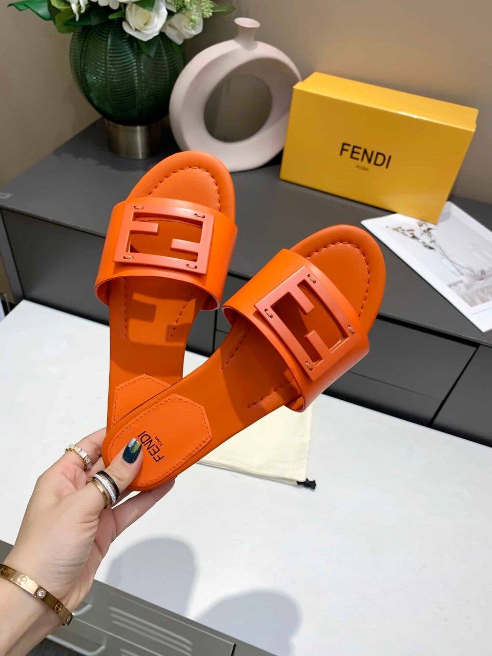 Fendi Signature Leather Sandals Slide Orange view 6