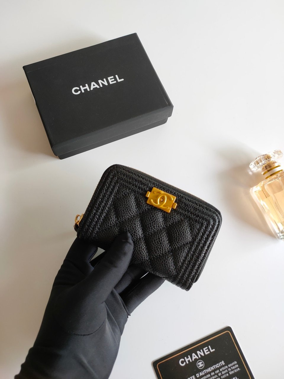 Chanel Boy Zip Coin Purse 11.5 Black Grained Calfskin Gold Icon view 4
