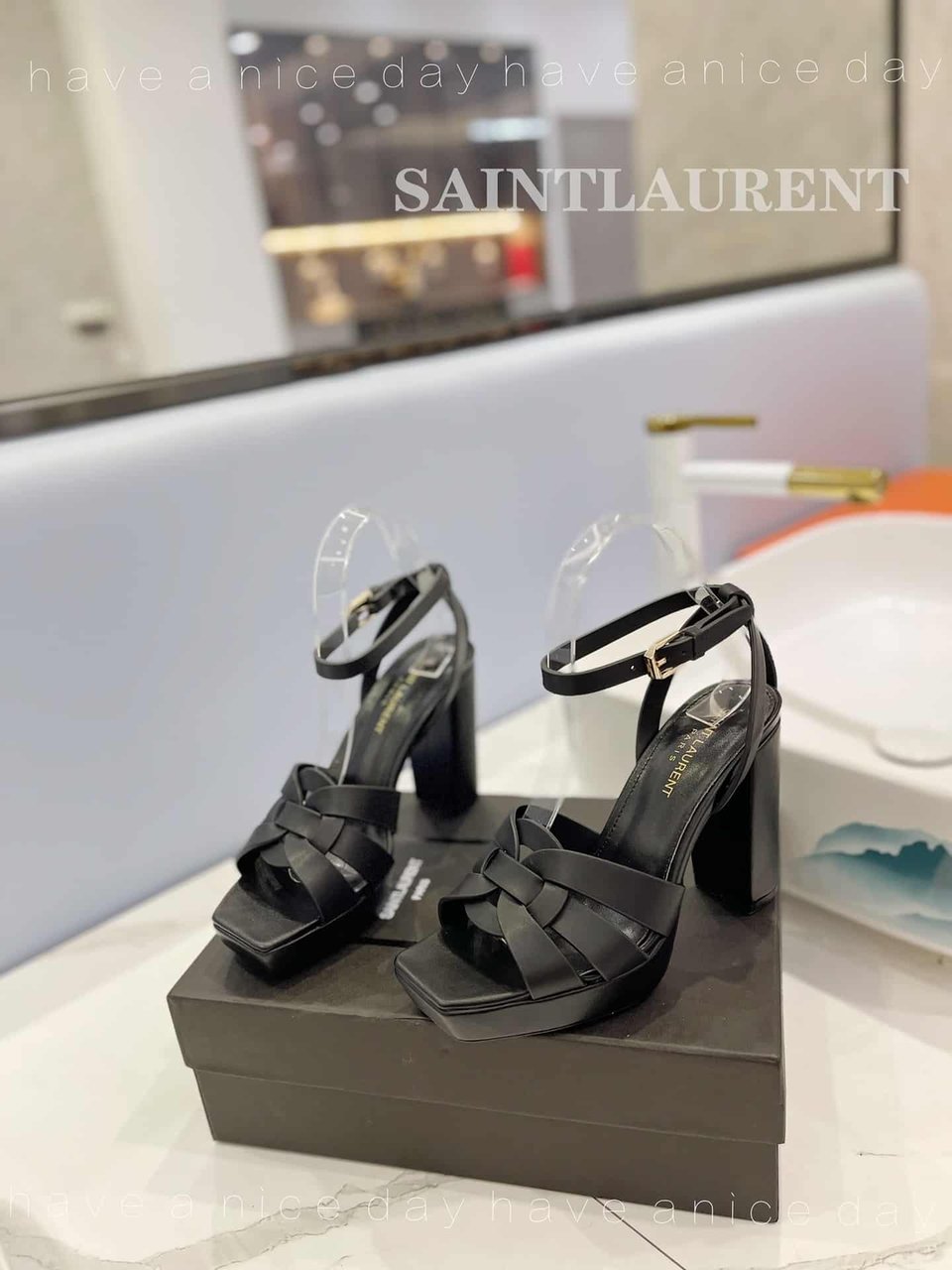 Saint Laurent Tribute Platform Sandals In Smooth Leather Black view 9