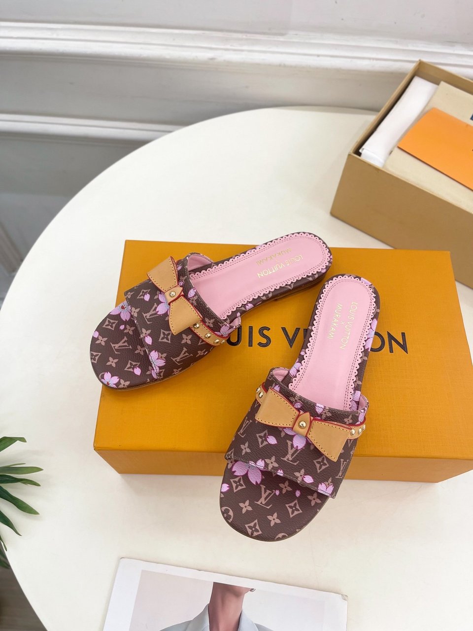 Louis Vuitton x Takashi Murakami Cherry Blossom Flat Slide Sandal Brown Monogram Canvas view 4