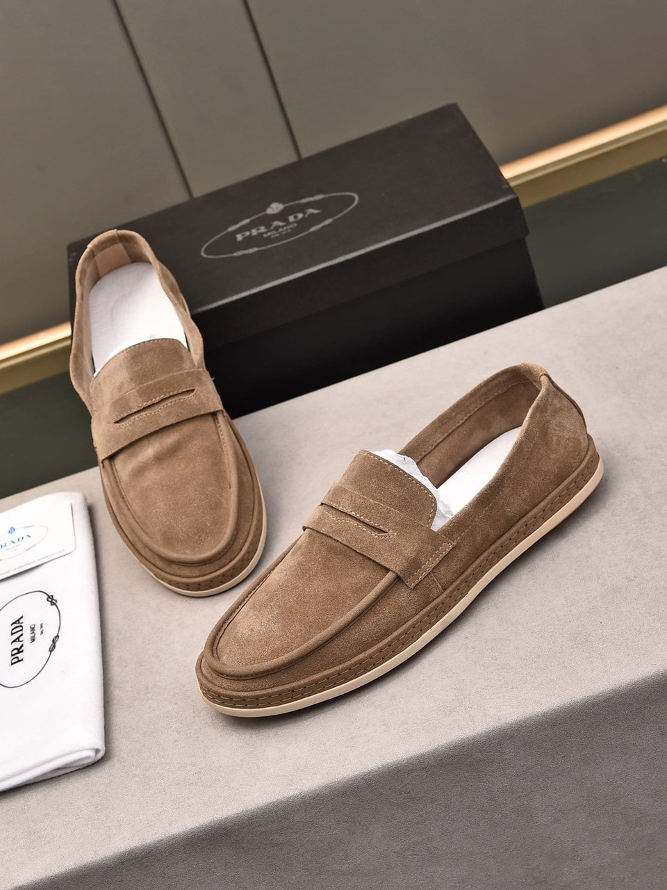 Prada Men’S Flat Loafers Suede Leather Brown view 8