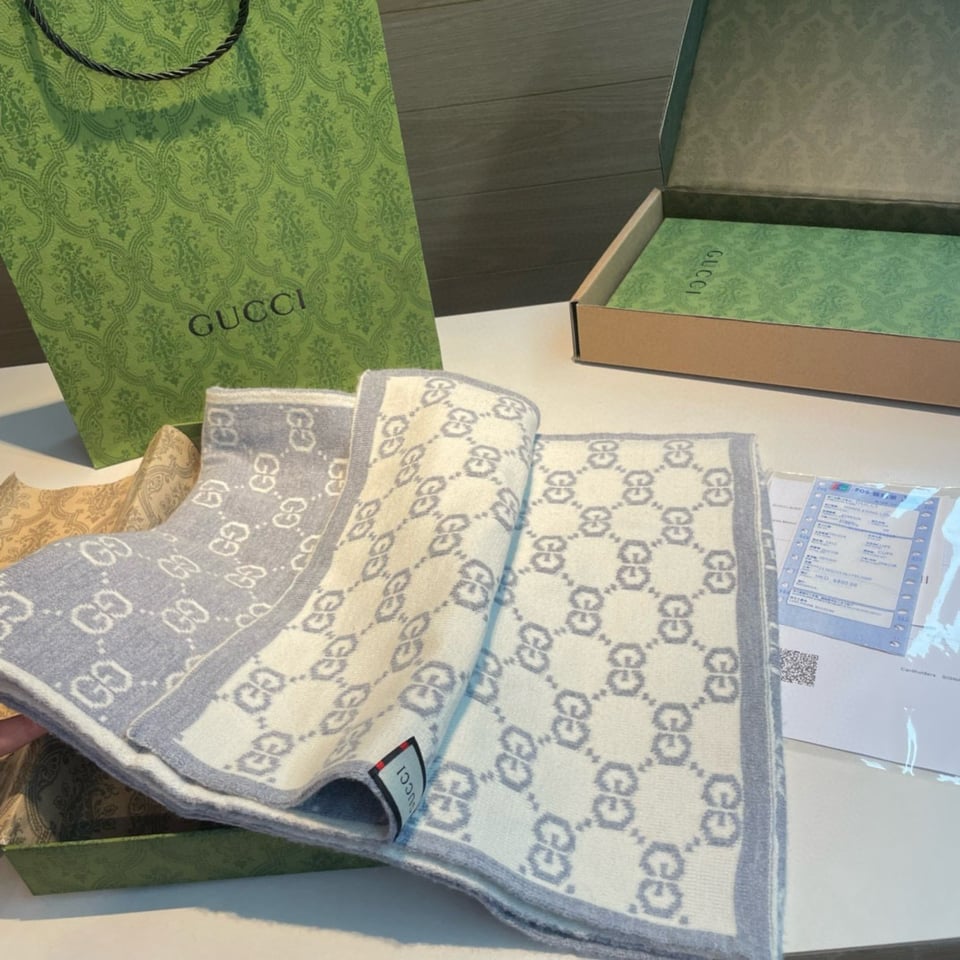 Gucci Cashmere Scarf Pattern Beige Light Blue For Women 180cm view 5