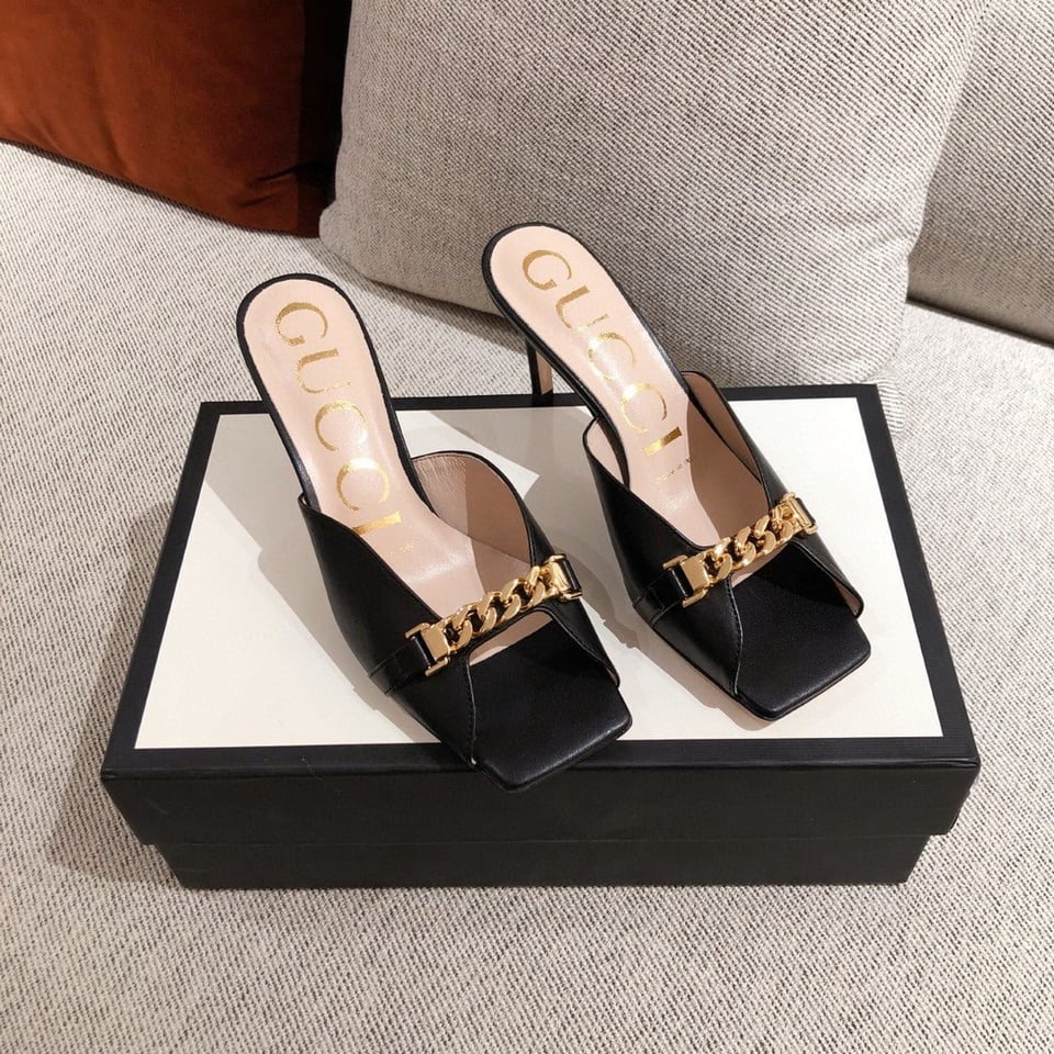 Gucci Sylvie Chain Mule Sandals Black view 3