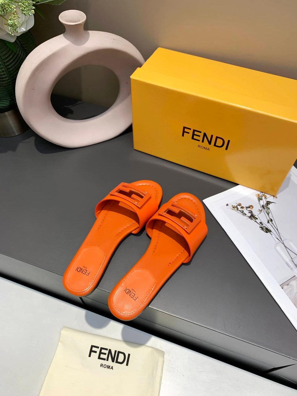 Fendi Signature Leather Sandals Slide Orange view 3