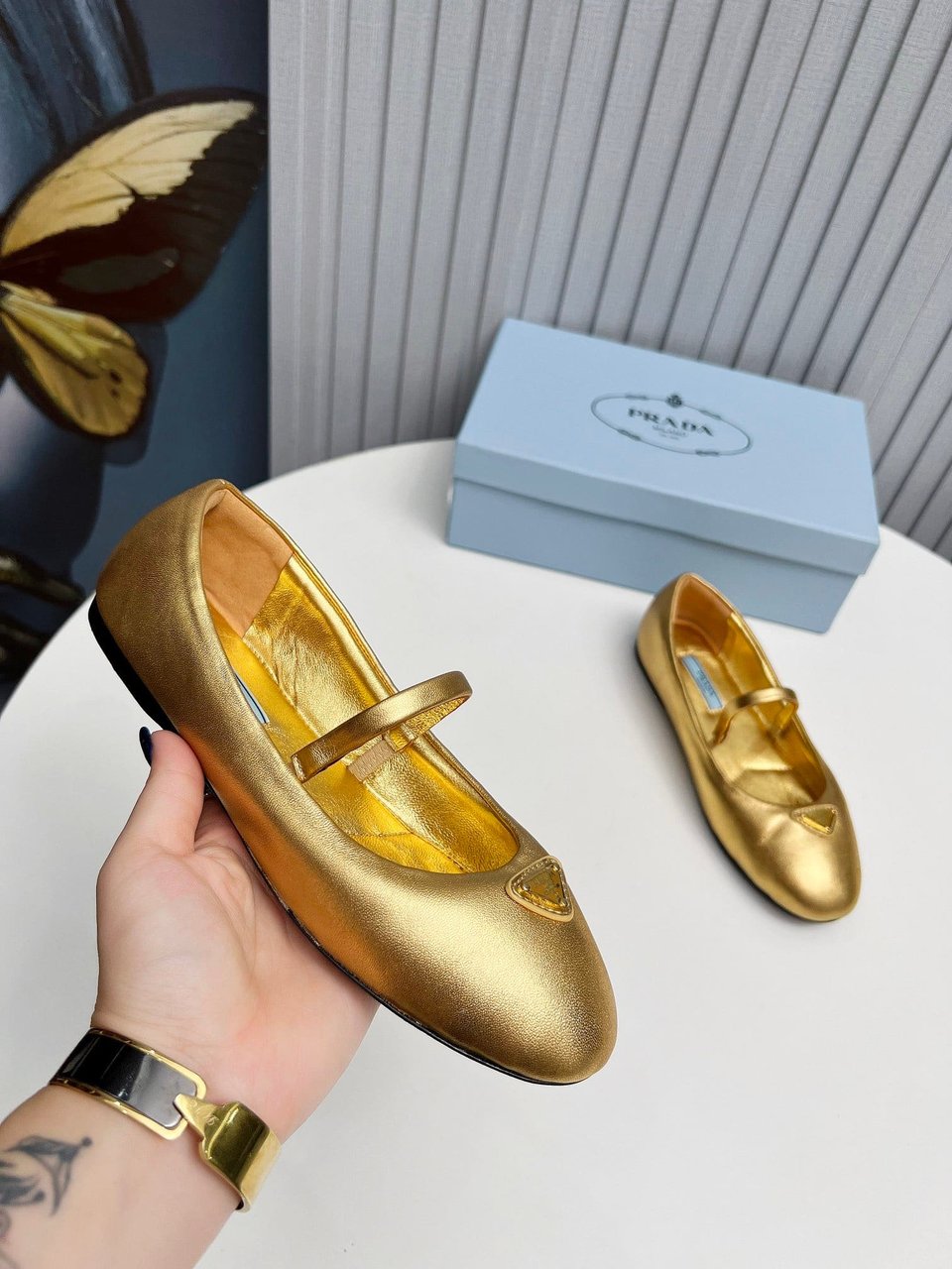 Prada Soft Padded Nappa Leather Ballerinas Gold view 5
