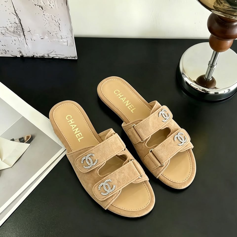 Chanel Suede Calfskin Crystal CC Double Strap Mules Beige Suede G38689 view 9