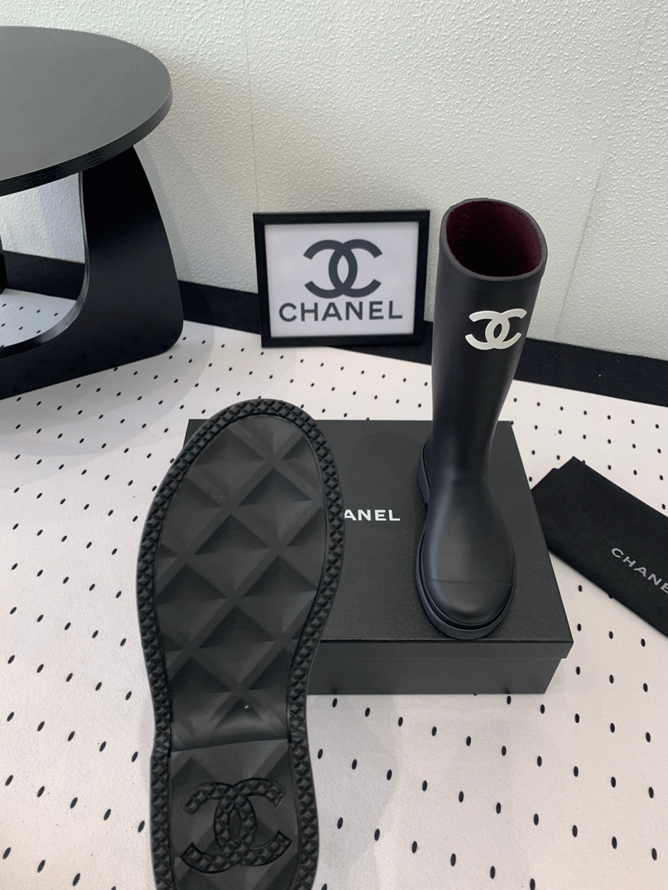 Chanel CC Logo Rain Boots Black Rubber Heel 47cm view 11
