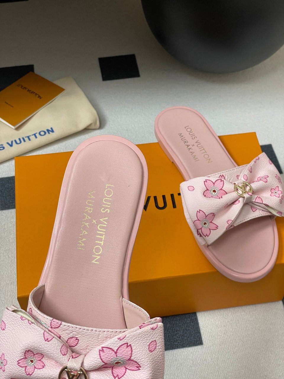 Louis Vuitton x Takashi Murakami Lily Flat Mule Bow Slide Sandals Pink- White 1AGVYA view 6