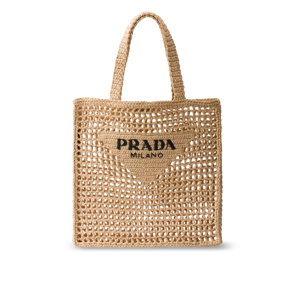 Prada Natural Crochet Logo Tote Bag Beach Bag 38 cm