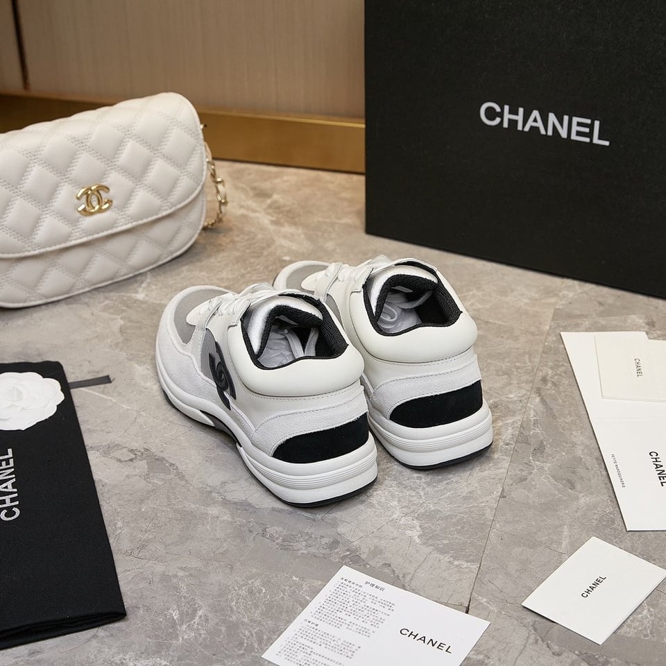 Chanel Suede And Leather Cc Low Top Sneakers White Black view 3