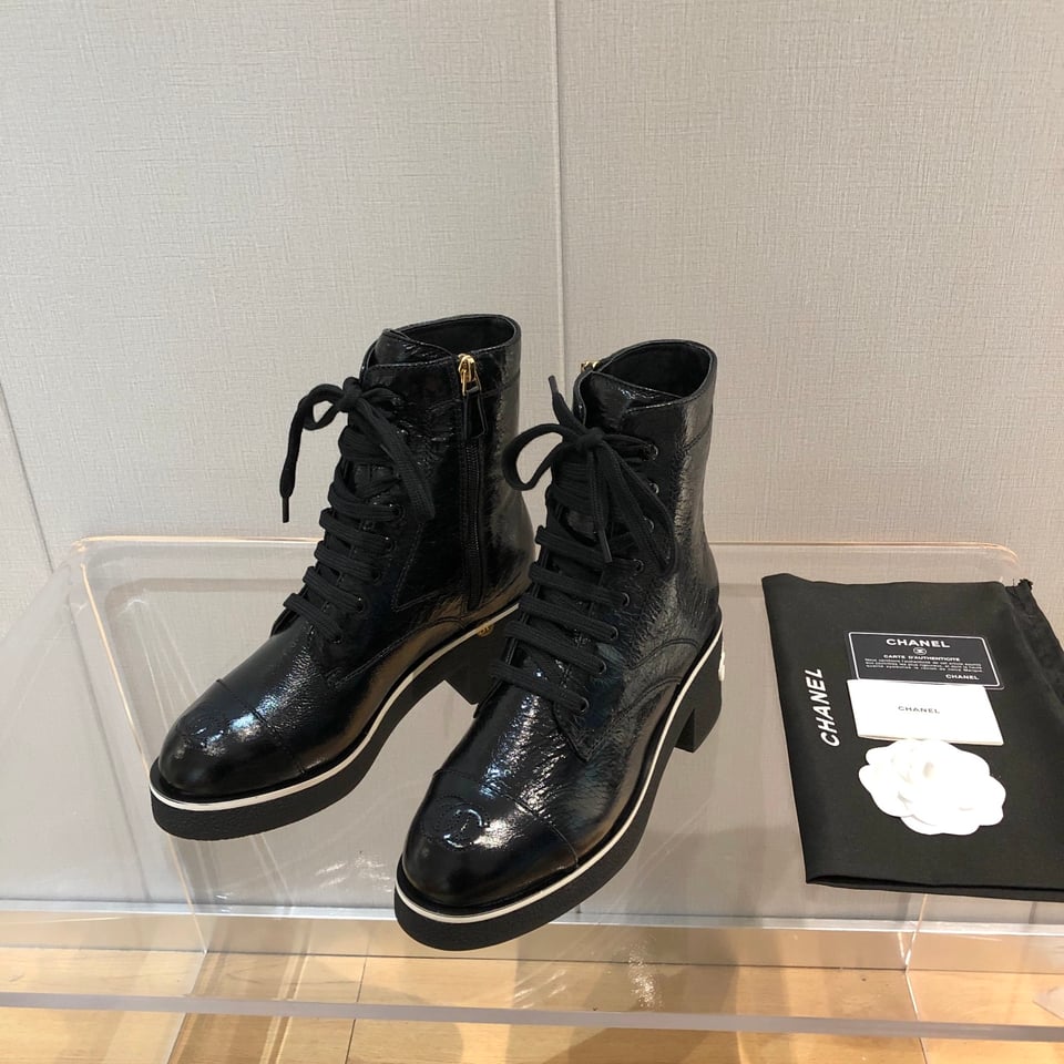 Chanel White Logo Crinkled Leather Combat Boots For Women view 3