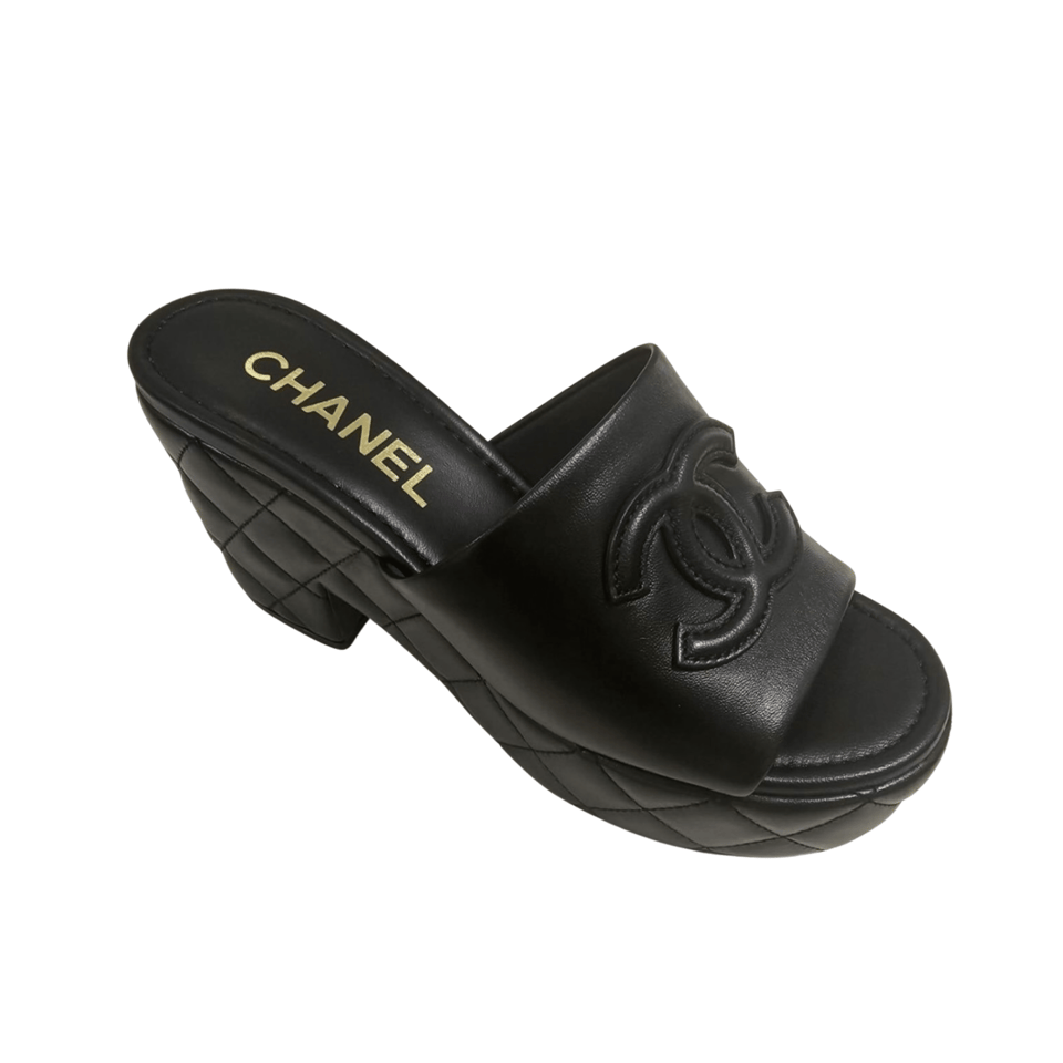 Chanel CC Embossed Logo High Heel Mules in Black Quilted Calfskin view 2
