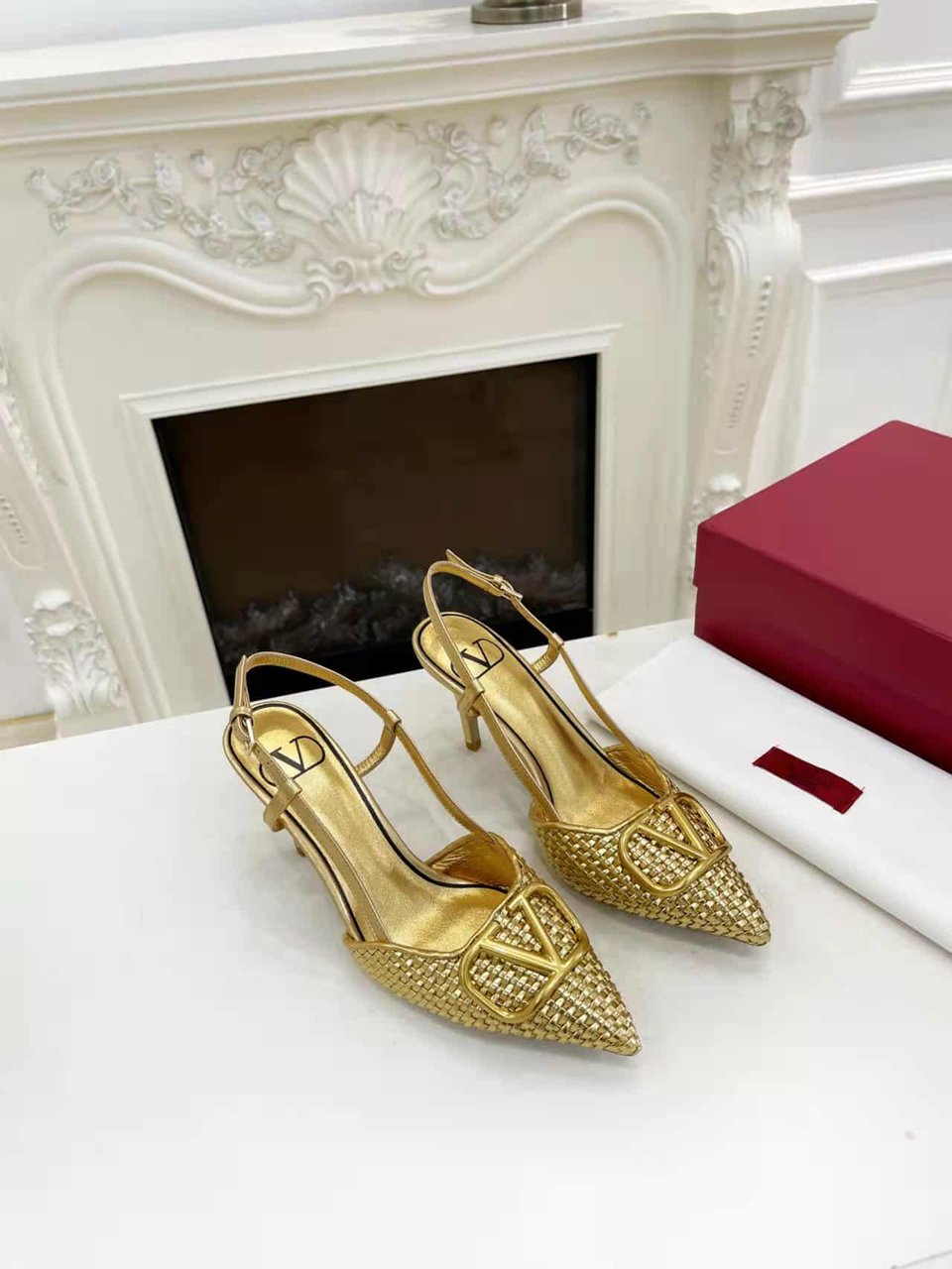 Valentino Garavani Vlogo Woven Leather Slingback Pumps Gold view 3