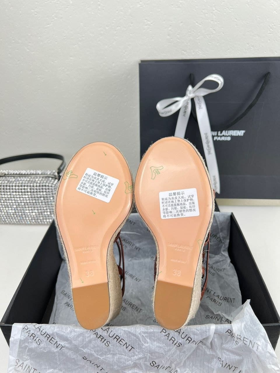 Saint Laurent Cassandra 115 Leather And Raffia Wedge Brown Sandals view 6