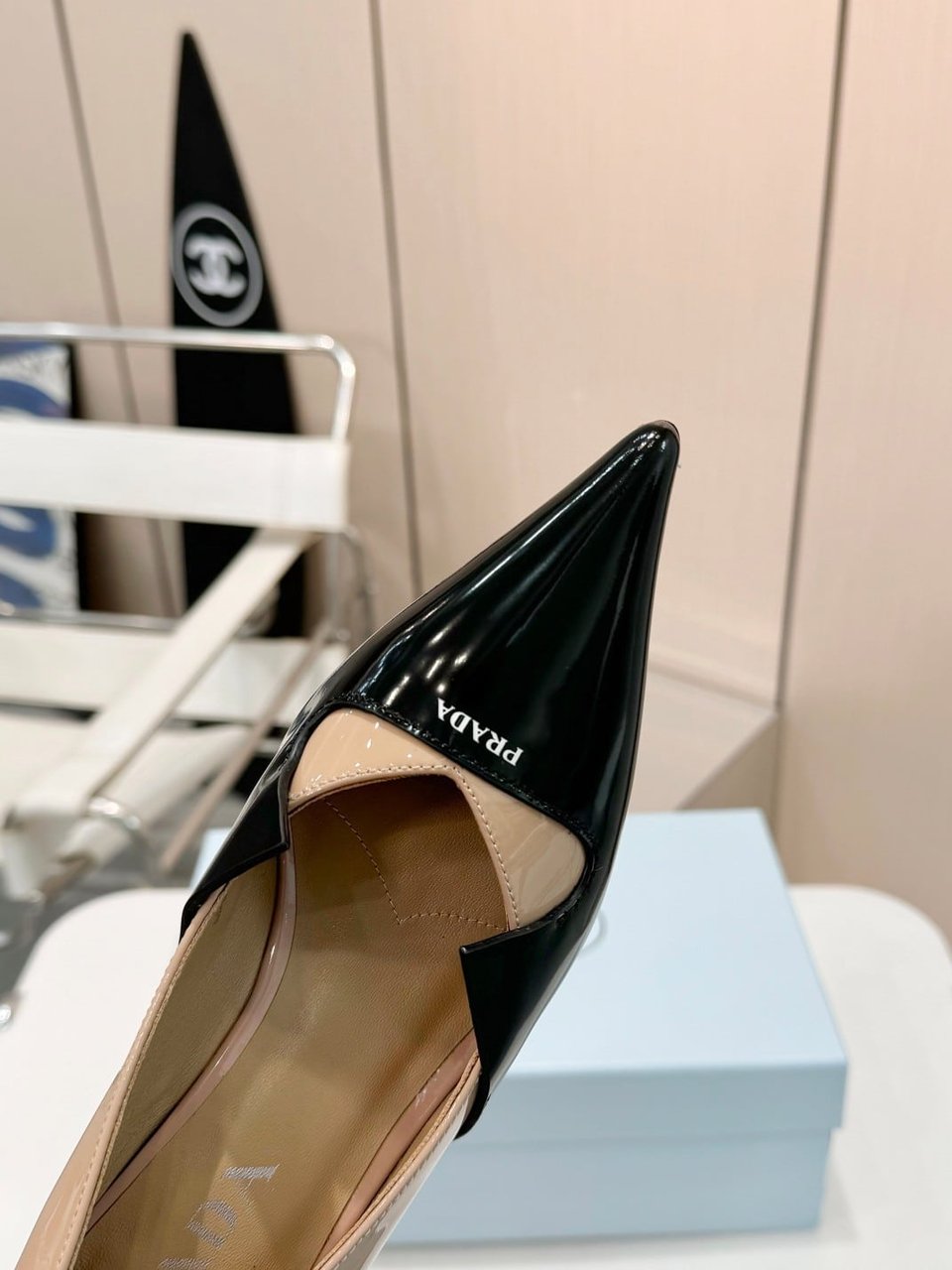 Prada Two Tone Toe Kitten Heels In Black And Beige view 7