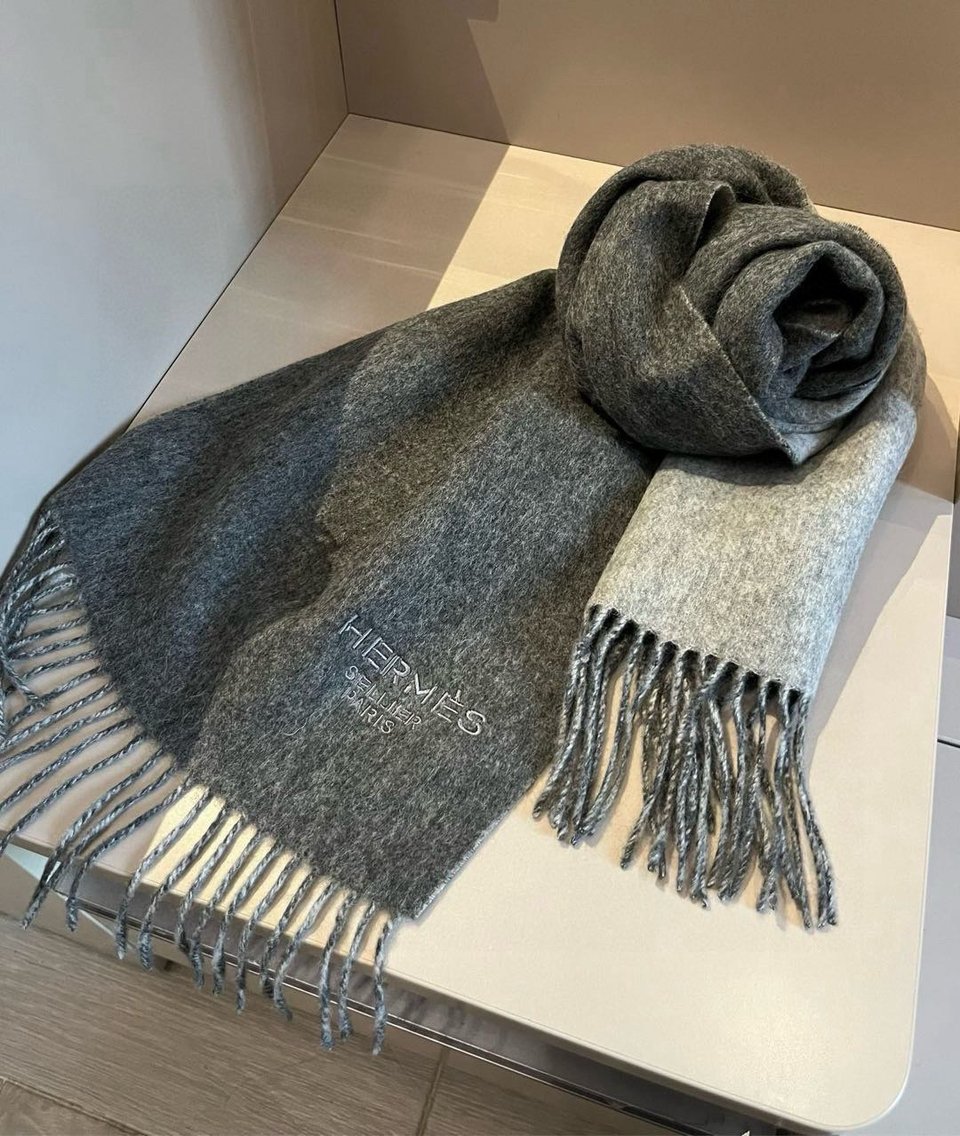 Hermes Cashmere Scarf Colorblock Dark Gray Light Gray For Women 180cm view 4