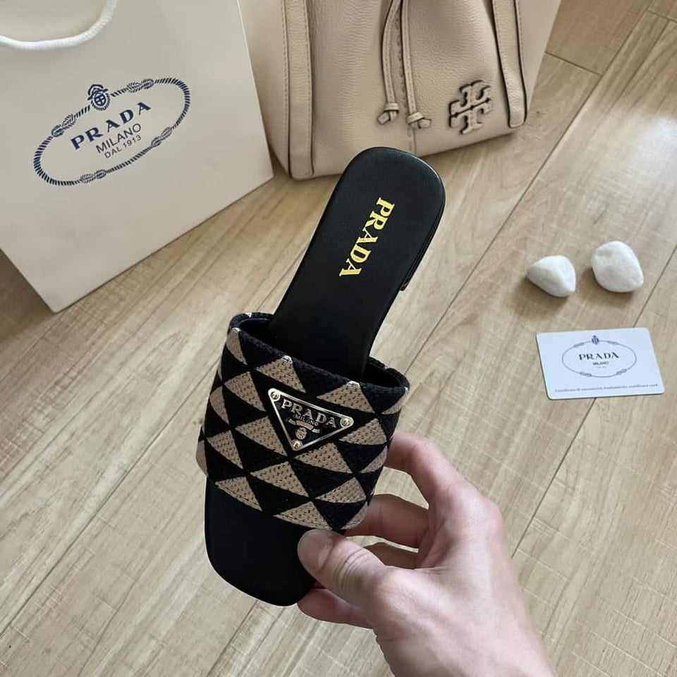 Prada Embroidered Fabric Slides Black White view 5