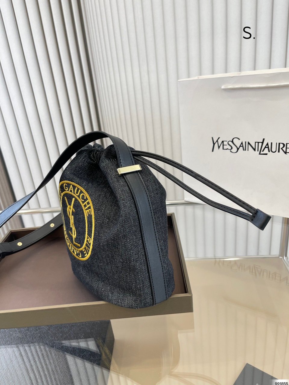 Saint Laurent Rive Gauche Laced Bucket Bag In Embroidered Felt And Smooth Leather Denim Black view 3