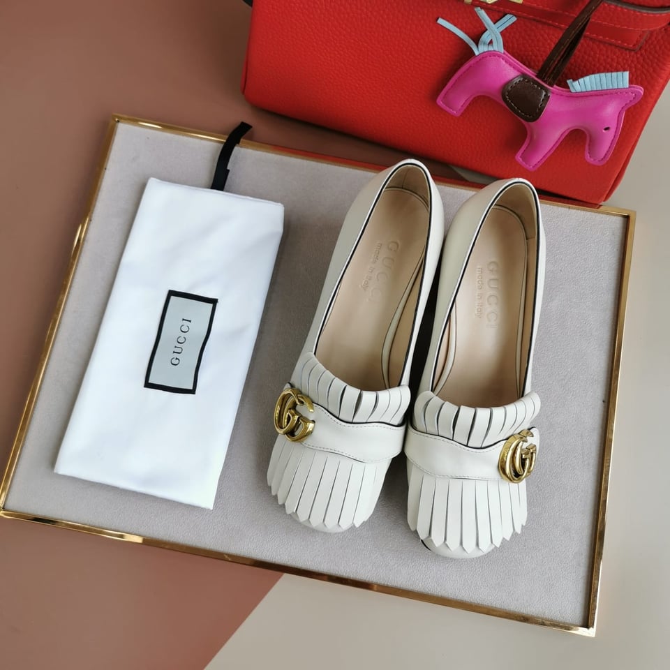 Gucci Wmns White Leather Mid-Heel Pump view 8